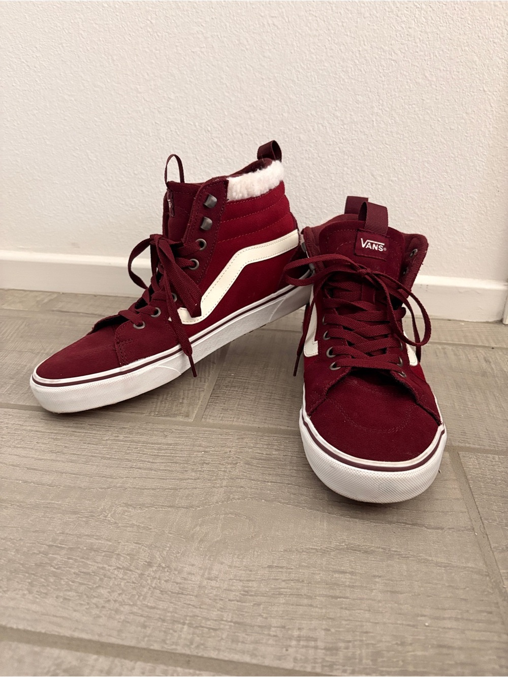 Vans Maroon High-Top Sneakers with White Stripe and Sherpa Detail